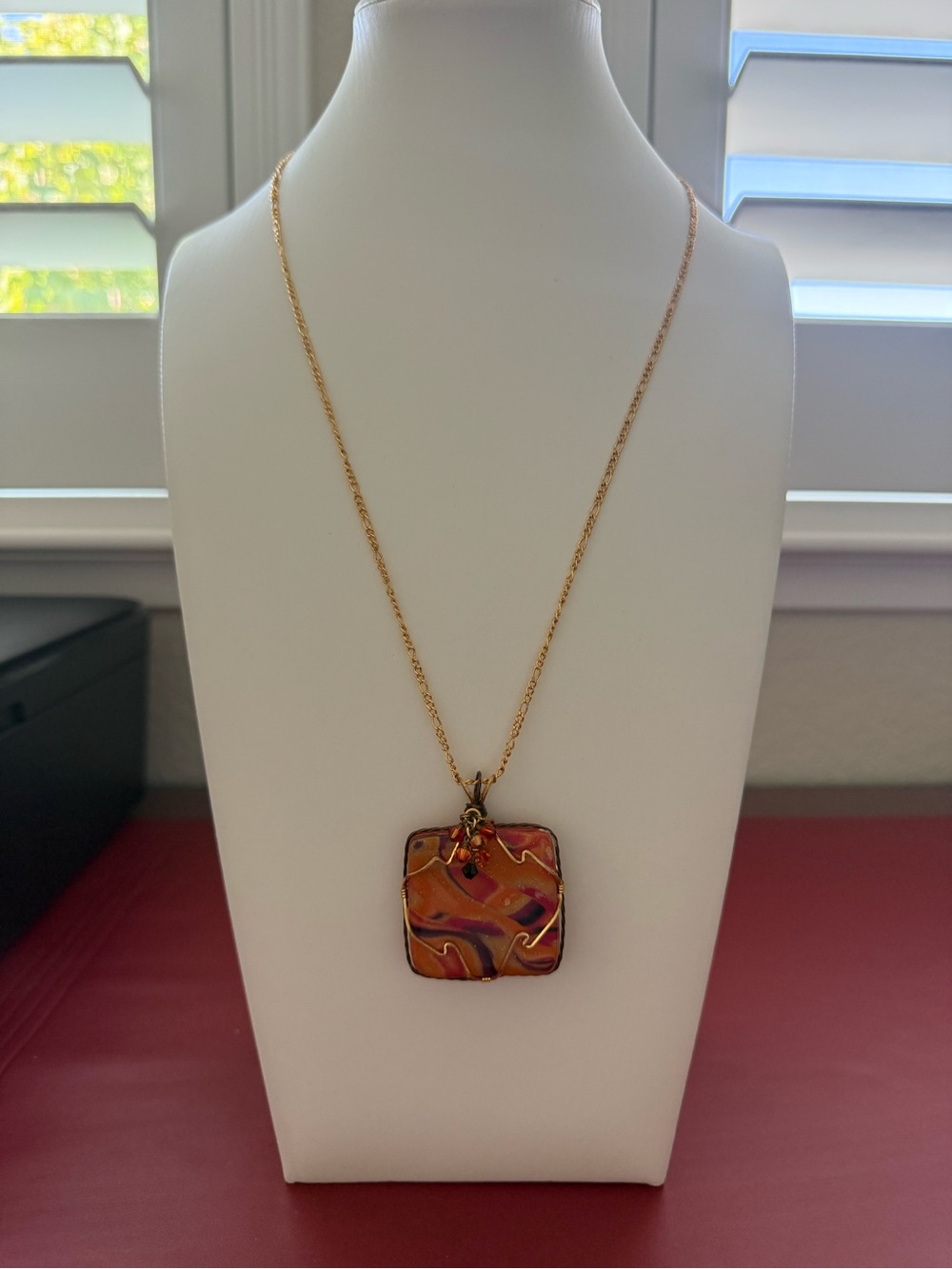 Artisan Orange Square Swirl Polymer Clay Wire Wrapped Pendant with Crystal